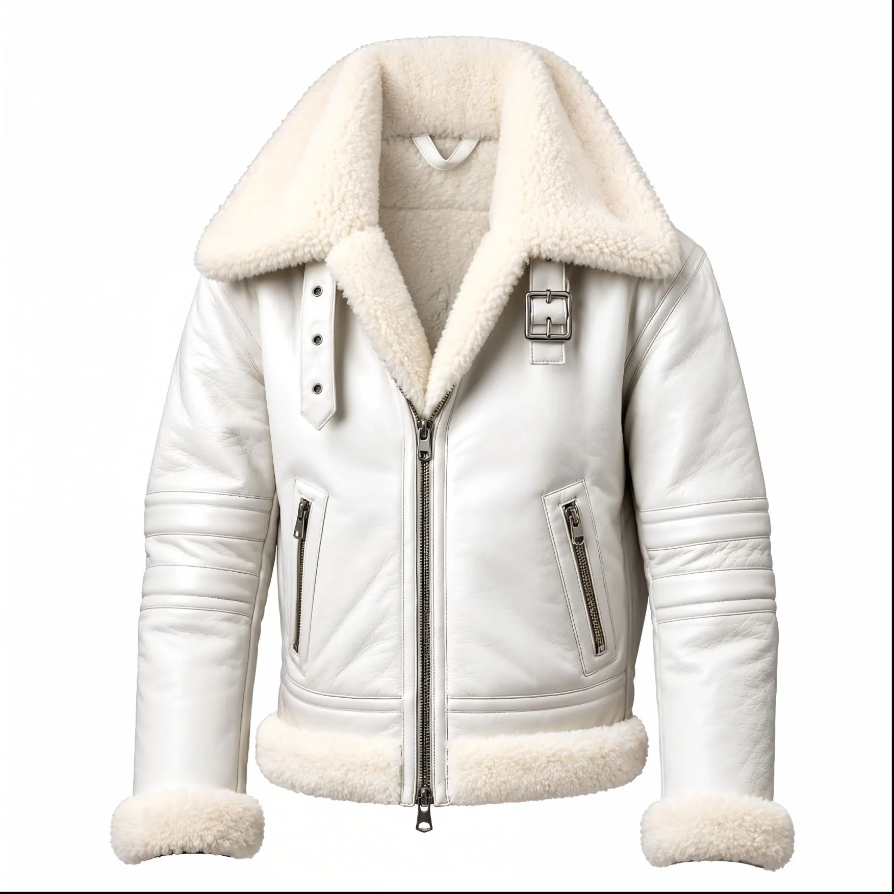 Men's White B3 Bomber Sheepskin Fur Aviator Leather Jacket