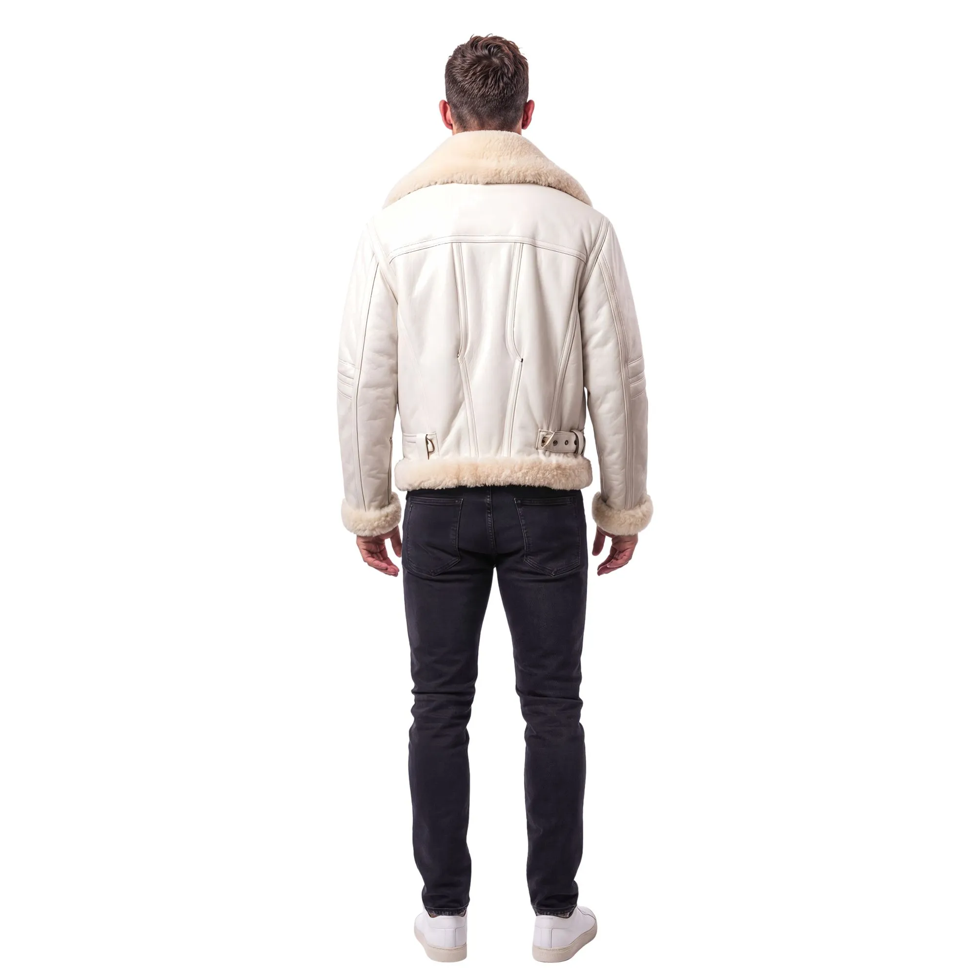 Men's White B3 Bomber Sheepskin Fur Aviator Leather Jacket - Image 5