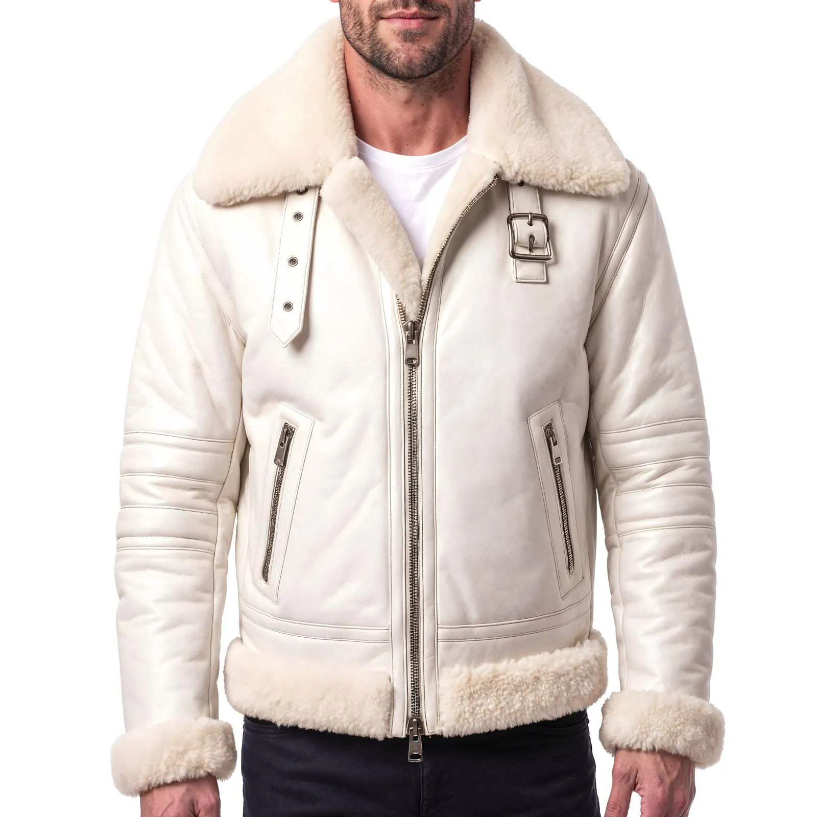 Men's White B3 Bomber Sheepskin Fur Aviator Leather Jacket - Image 3