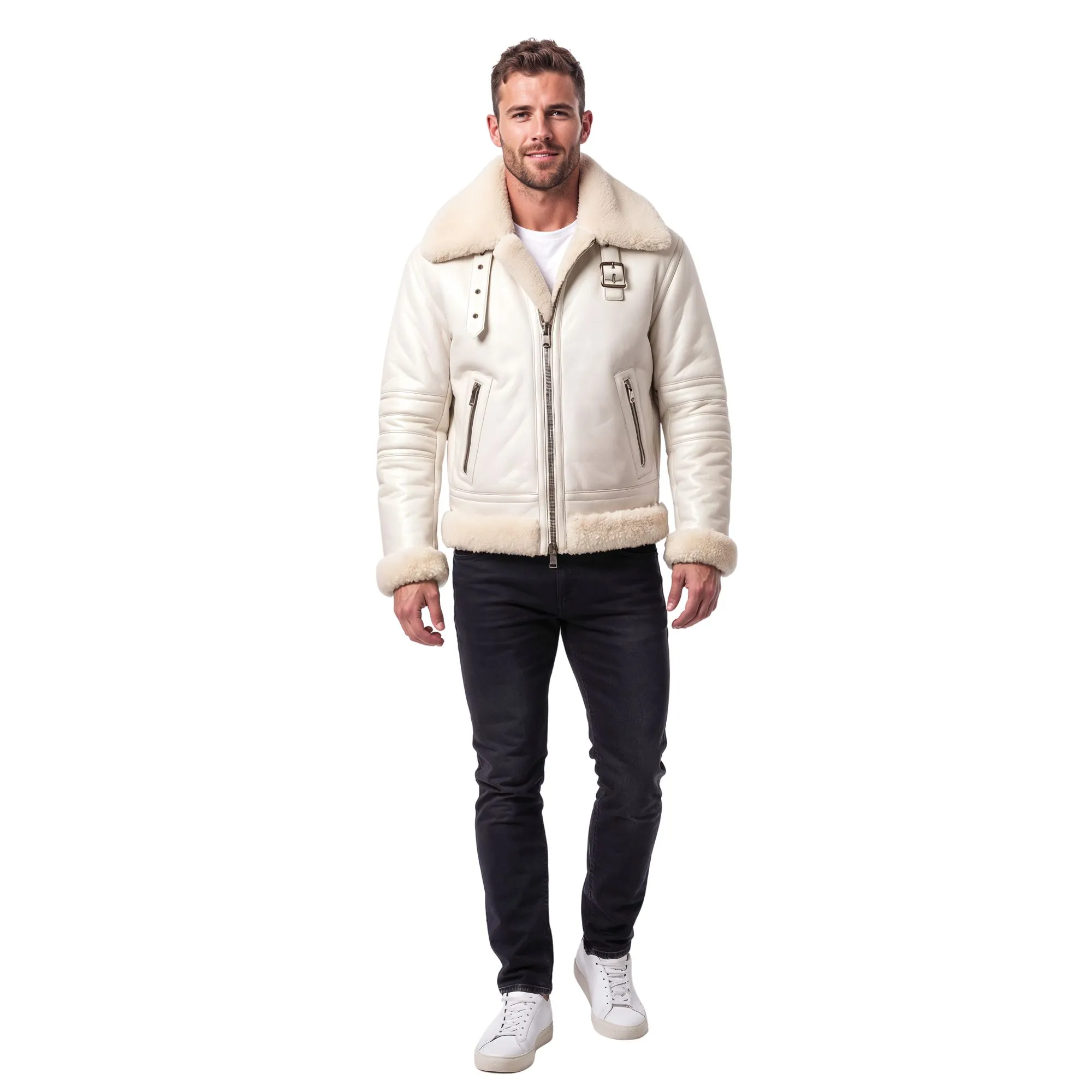 Men's White B3 Bomber Sheepskin Fur Aviator Leather Jacket - Image 4