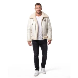 Men’s White B3 Bomber Sheepskin Fur Aviator Leather Jacket