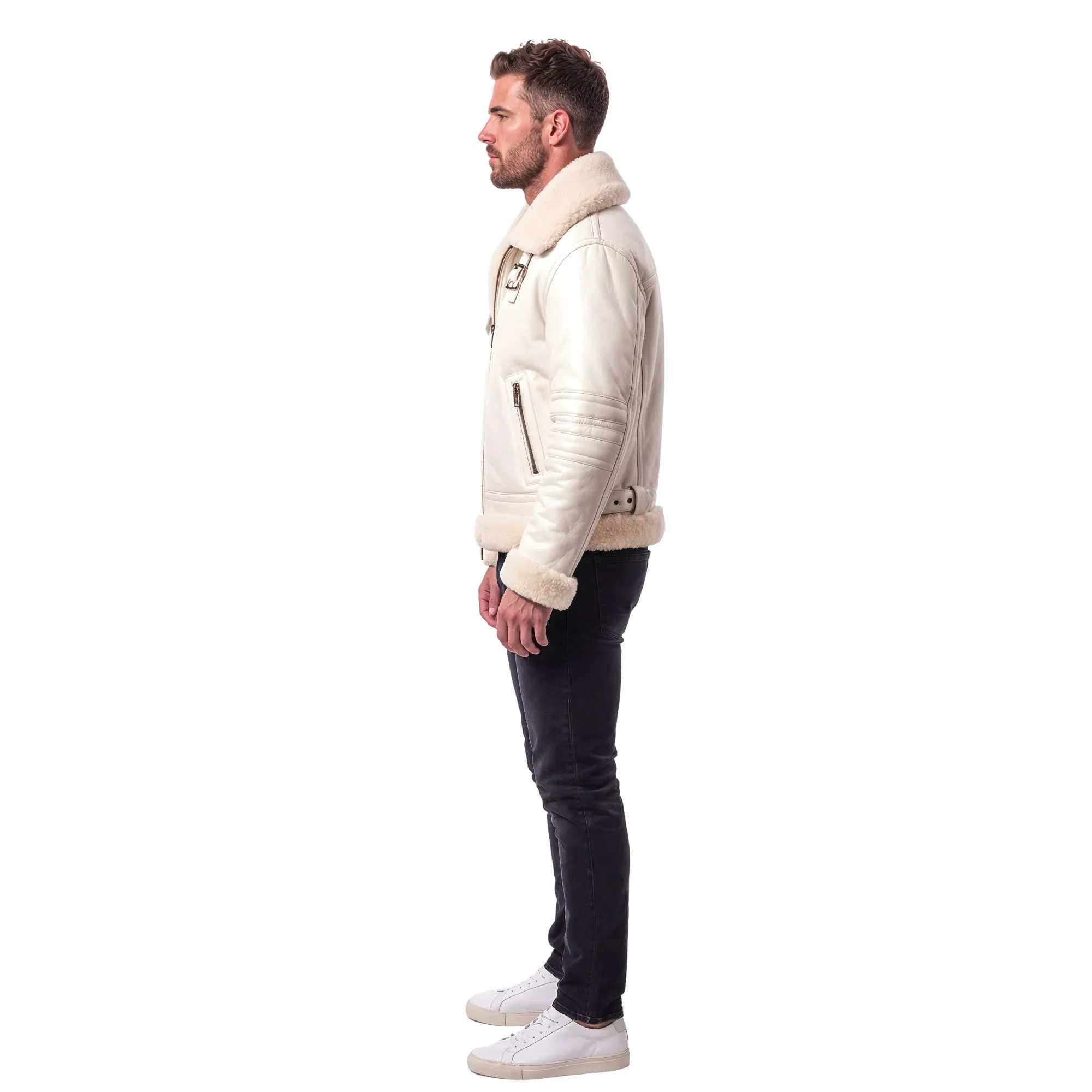 Men's White B3 Bomber Sheepskin Fur Aviator Leather Jacket - Image 6